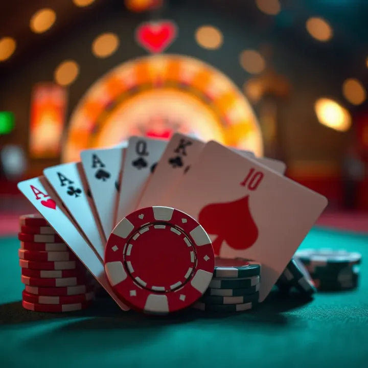 Bright digital casino chips and cards symbolizing responsible gambling and winning strategies