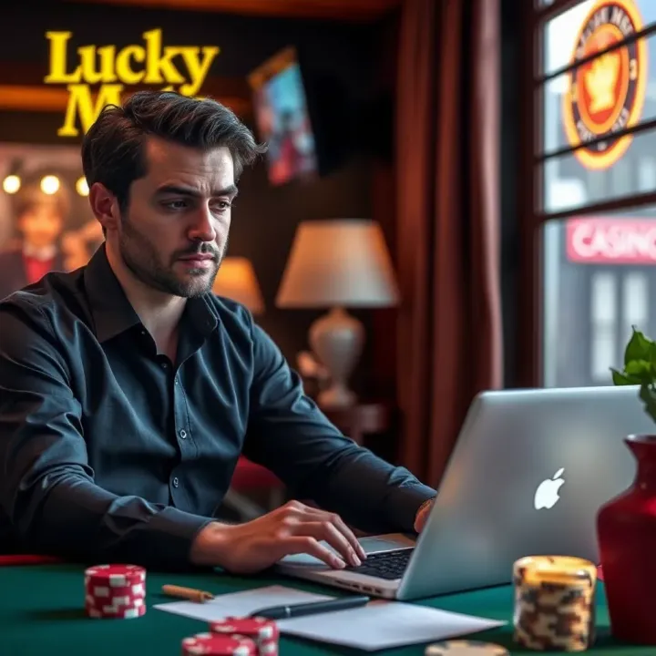 Aussie player reviewing terms and conditions of Lucky Mate Casino’s no deposit bonus on a laptop