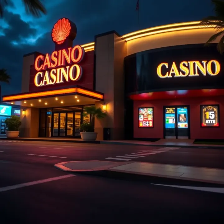 Exterior view of a land-based casino in Australia at night with bright lights