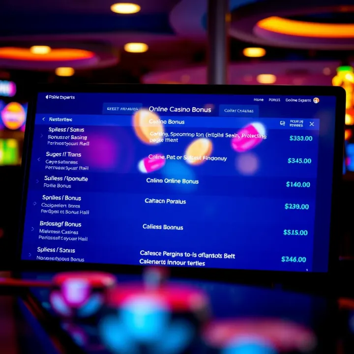 Digital interface displaying various online casino bonus options and terms