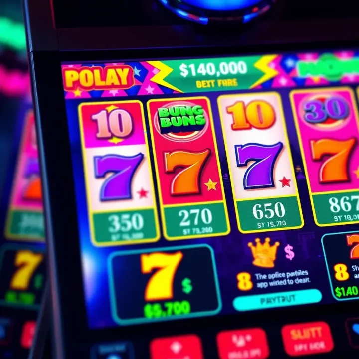 Colorful online pokie game interface showing vibrant symbols and payout information