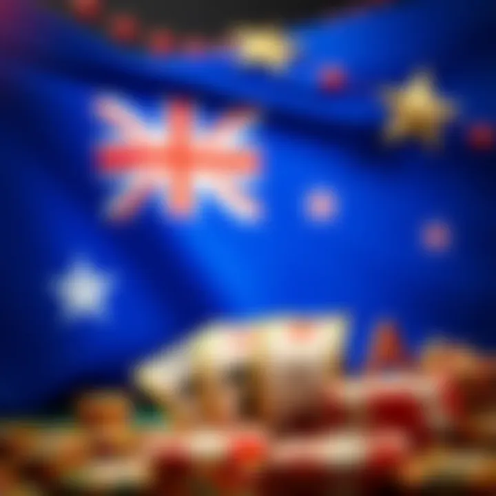 Australian Online Pokies and Casino Gaming Theme Australian flag background with digital casino elements and gaming icons