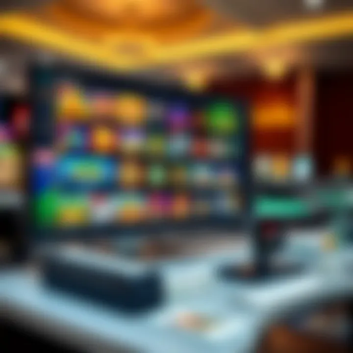 A vibrant digital casino interface showcasing a variety of slot games and card tables on a computer screen