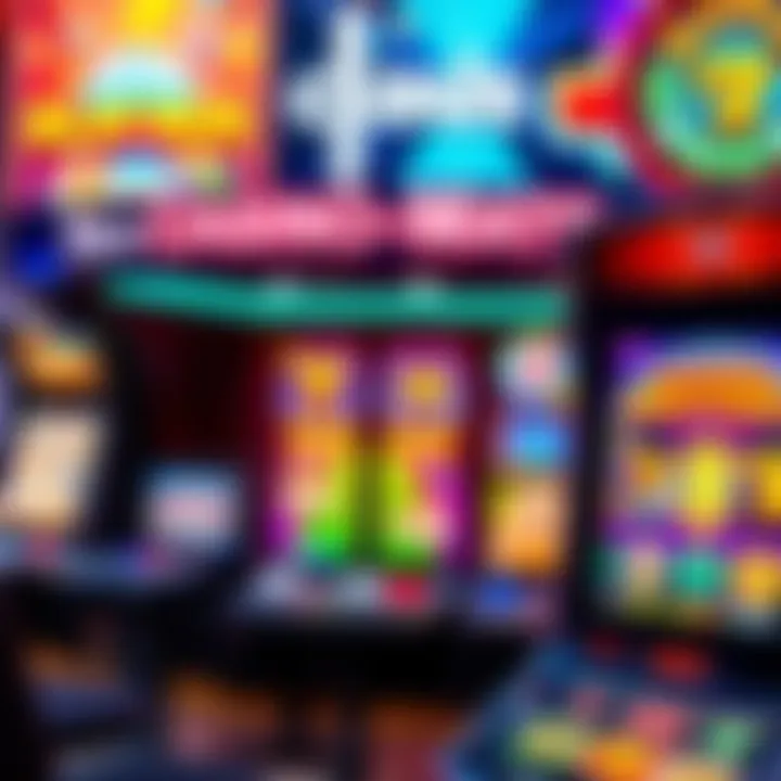 Diverse Game Selection at Casino-Mate Australia Colorful casino game icons and digital slot machine on a vibrant background