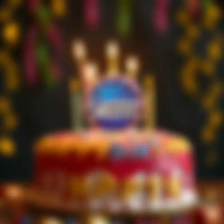 Colorful birthday cake with Casino Mate logo and festive decorations