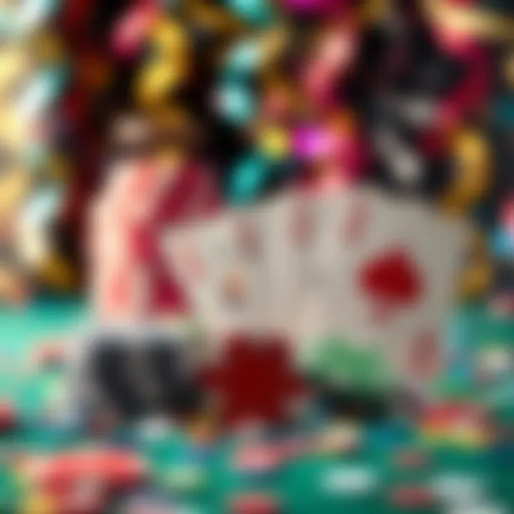 Bright casino chips and playing cards with birthday-themed confetti background