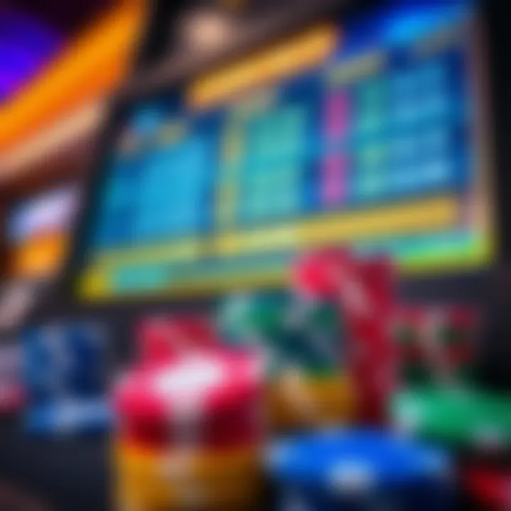 Colorful casino chips stacked near a digital screen displaying bonus codes