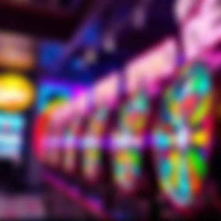 Illustration showing a variety of colorful casino slot reels spinning with bright lights