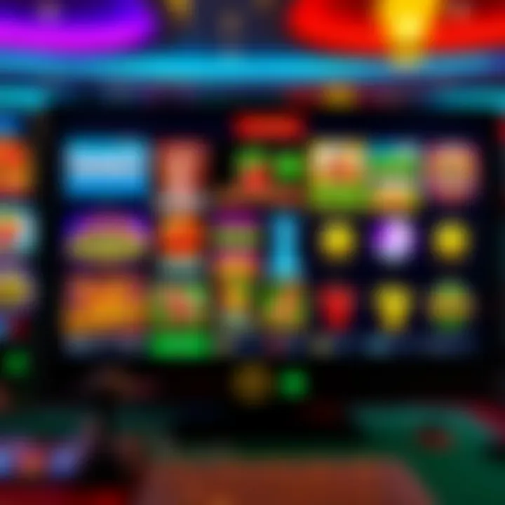 Colorful casino game selection showcasing various slot and table games on a digital screen