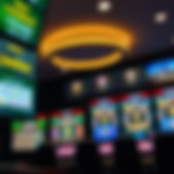 Variety of casino games displayed on digital screens with payment options and customer support symbols