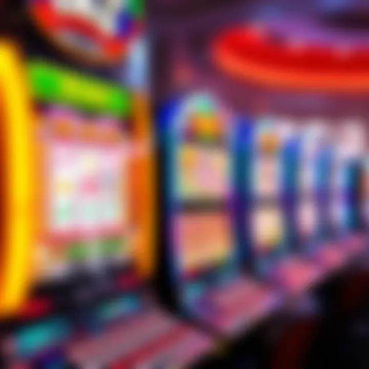 Bright casino game screen showing multiple slot machines with vibrant colors and winning lines