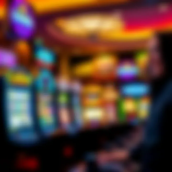 Colorful online casino game interface with various slot machines and card games visible