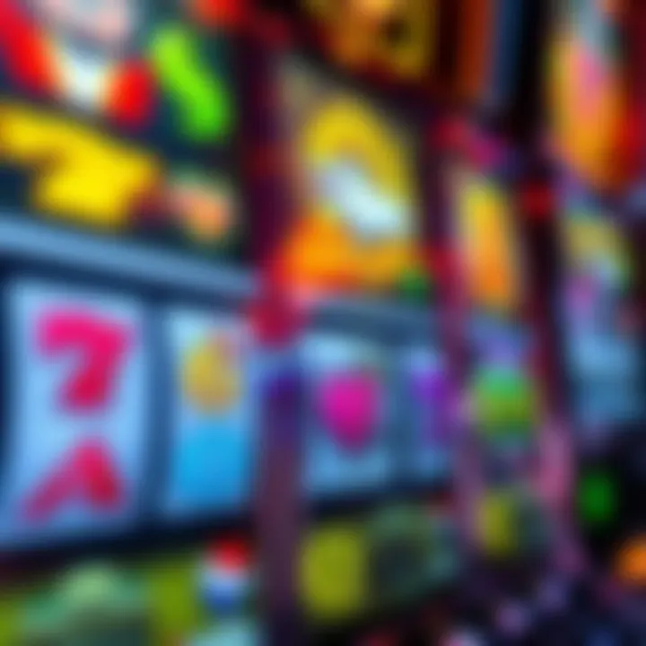 Colorful slot machine reels showing various symbols and payout lines
