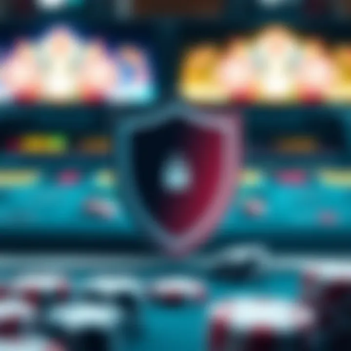 Illustration of a regulatory shield protecting online casino elements symbolizing secure and fair gaming