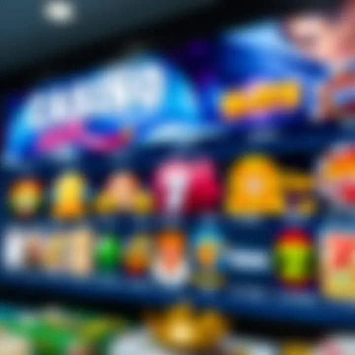 A vibrant display of various casino game icons including slots and card games