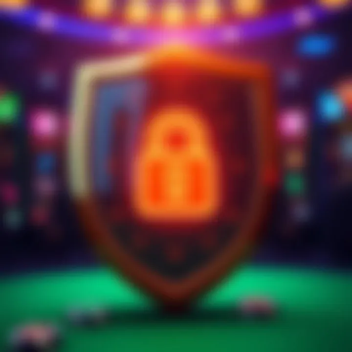 Graphic illustrating secure online gaming with a shield and digital padlock representing fairness and protection