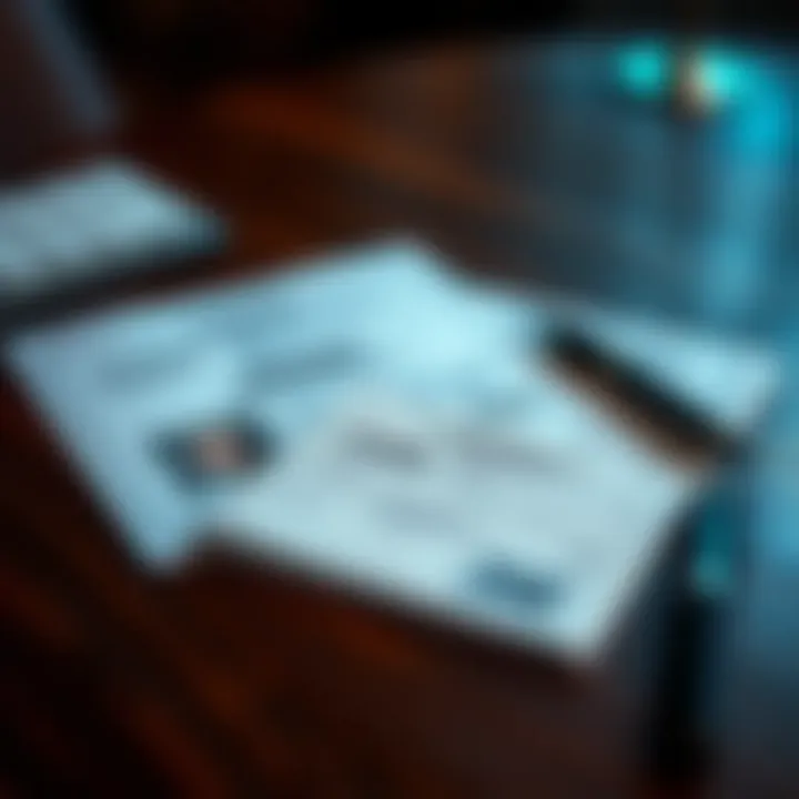 Documents including identification card and utility bill arranged on a wooden table
