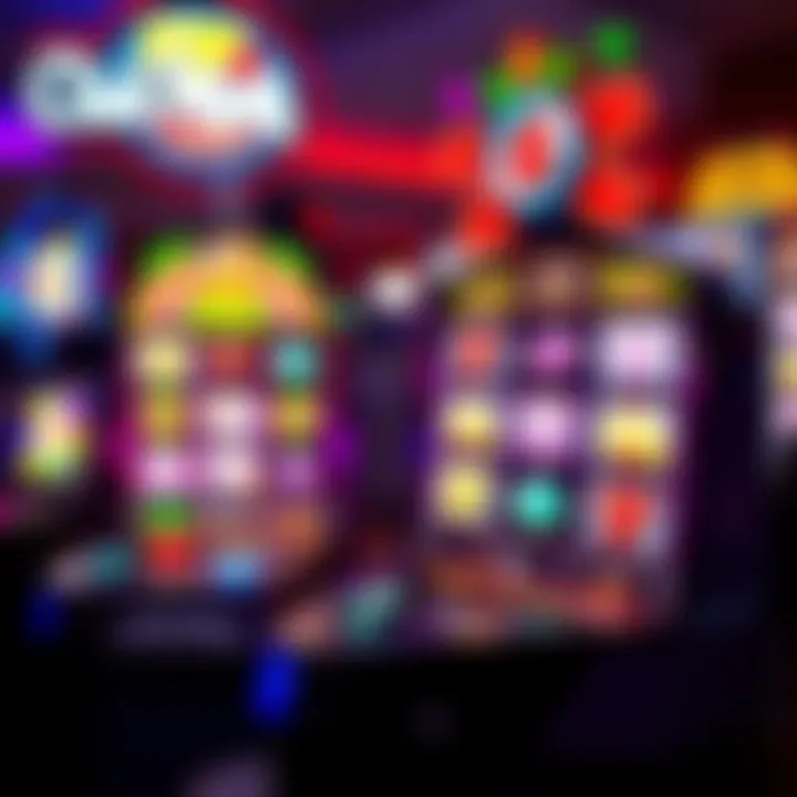 Colorful slot machine interface with various vibrant symbols and lights