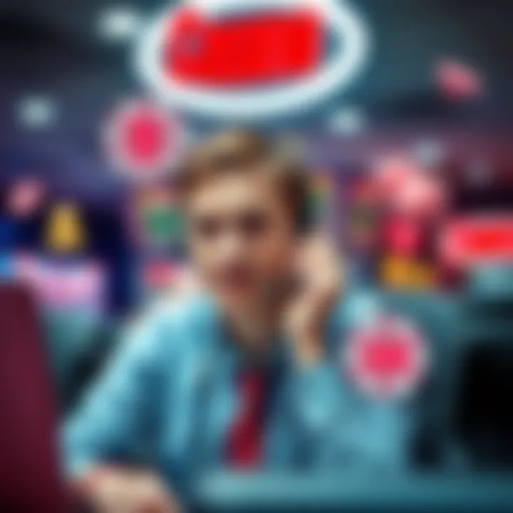 Customer support agent using headset with multiple communication icons around