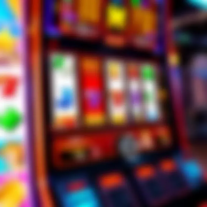 Colorful online slot game interface with reels showing various symbols and a spin button