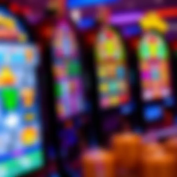 Colorful slot machine reels with various symbols and bright lights