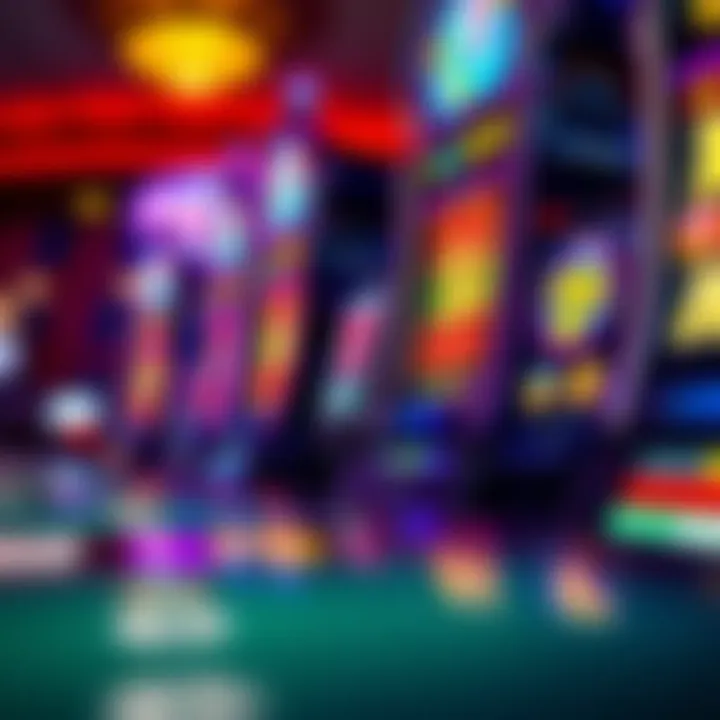 Colorful casino slot machine reels with various symbols in vibrant casino environment