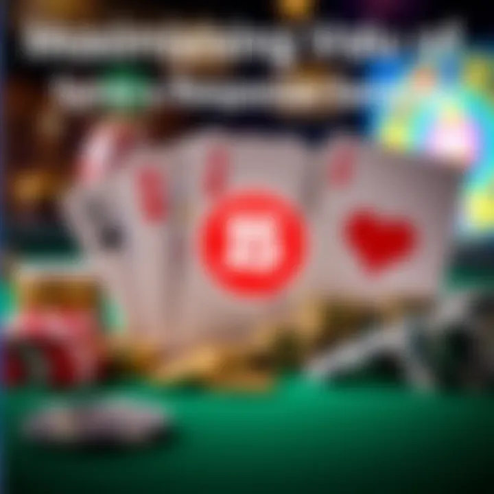 Graphic depicting smart gaming strategy with playing cards, coins, and responsible gaming symbol