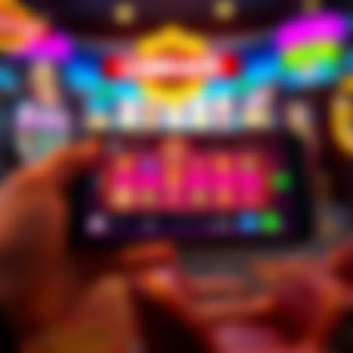 Mobile phone displaying a vibrant casino game interface with colorful slot symbols and betting options