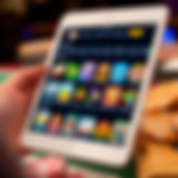 iPad screen displaying a variety of Casino Mate games with colorful graphics and easy navigation