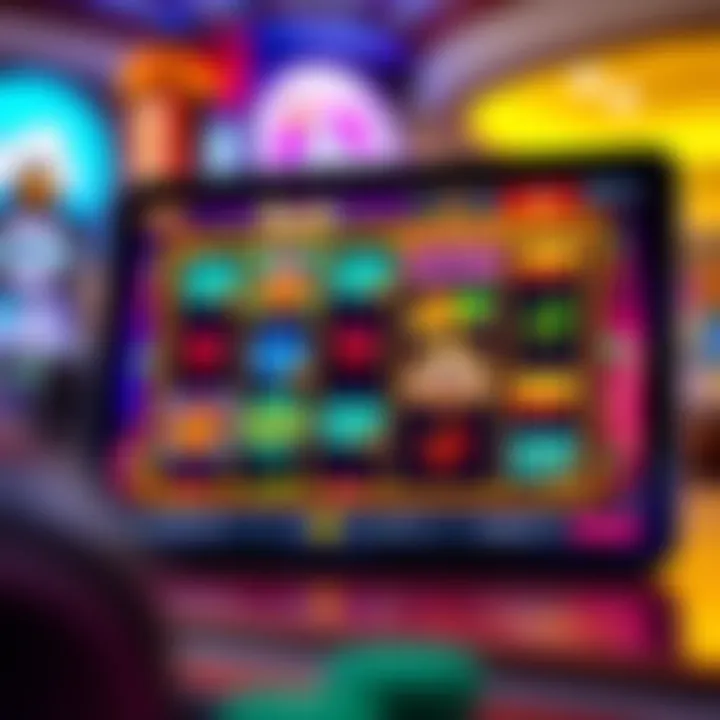 Colorful online slot game interface on a digital device showing vibrant symbols and payouts