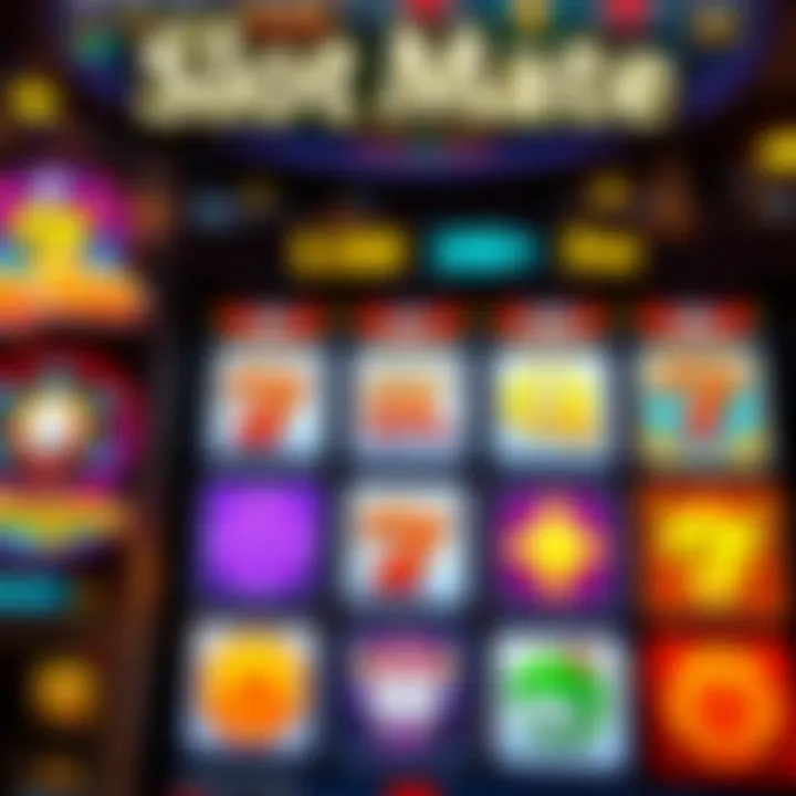 Colorful casino slot machine interface with various symbols and spinning reels