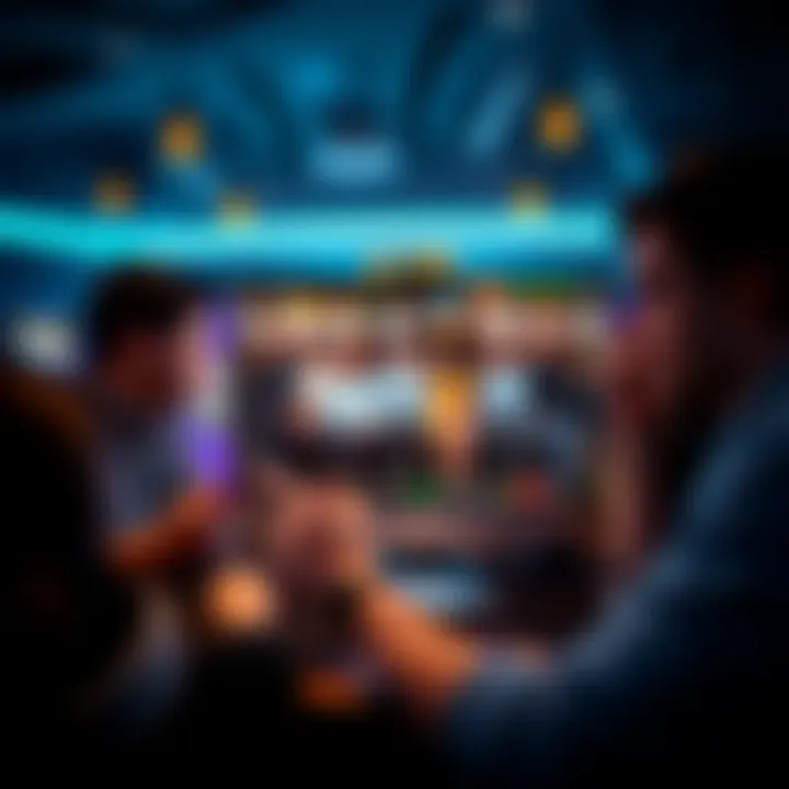 Australian casino players engaging in a lively chat on a digital platform with casino-themed icons around