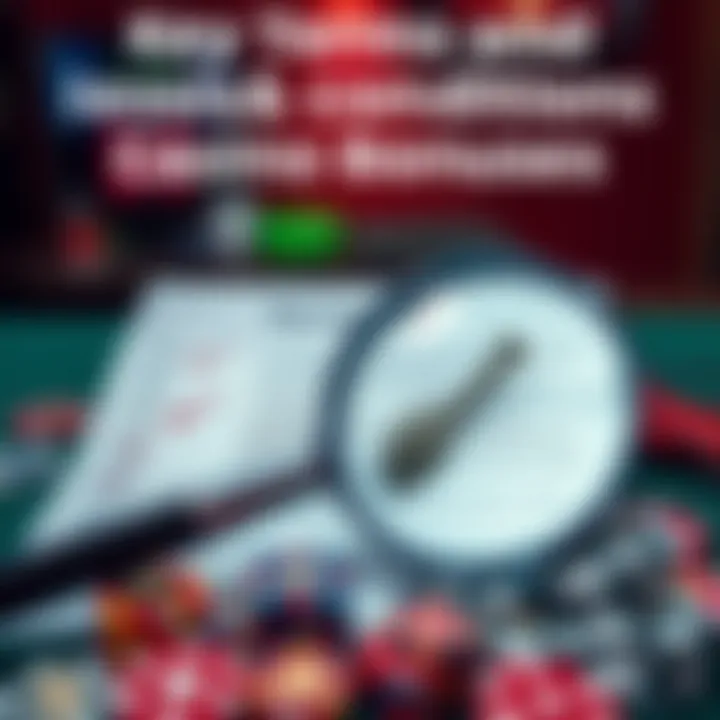 Conceptual graphic showing casino bonus terms and conditions with checklist and magnifying glass