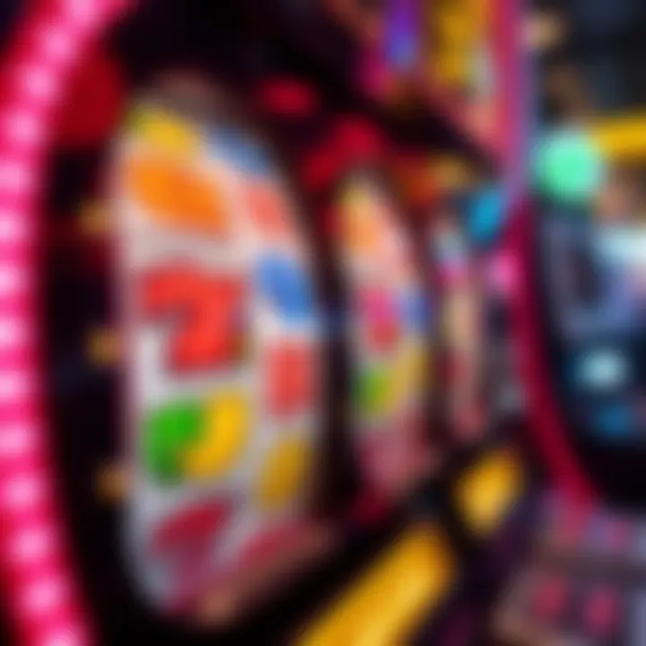 Casino Slot Machine Reels in Motion Close-up of casino slot machine reels displaying various colorful symbols during a spin