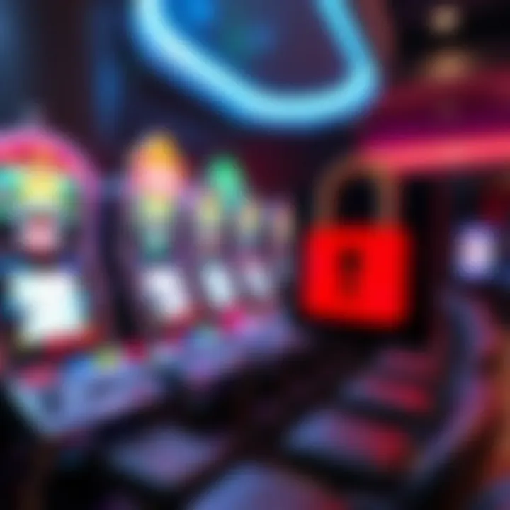 Digital representation of secure casino gameplay with virtual slot machines and locked padlock symbol