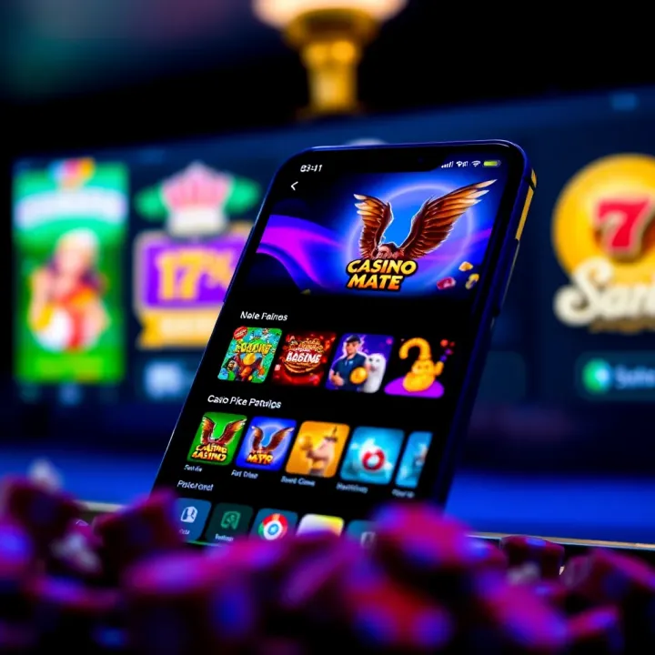 Mobile phone displaying the Casino Mate app interface with game options and vibrant graphics