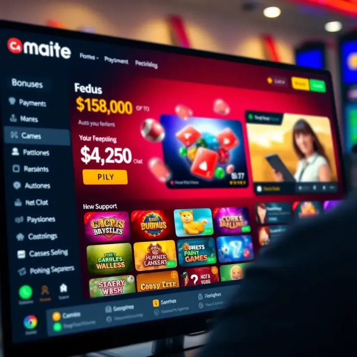 User-friendly online casino dashboard showing bonuses, payment options, and live support chat