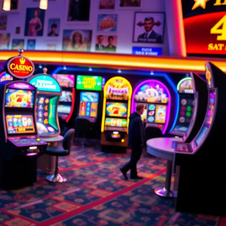 Colorful online casino game interface with various slot machines and table games