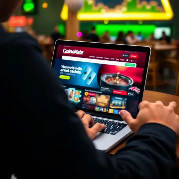 User navigating the Casino Mate Australia homepage on a laptop