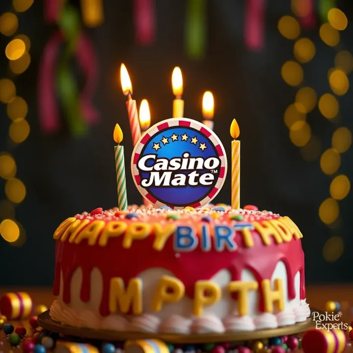 Colorful birthday cake with Casino Mate logo and festive decorations