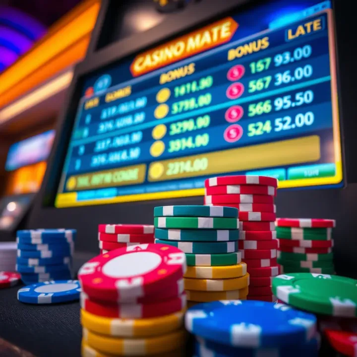 Colorful casino chips stacked near a digital screen displaying bonus codes