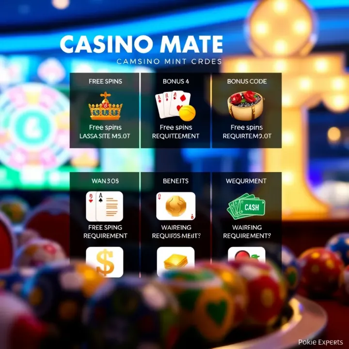 Illustration showing various Casino Mate bonus code options with icons representing free spins, cash bonuses, and wagering requirements