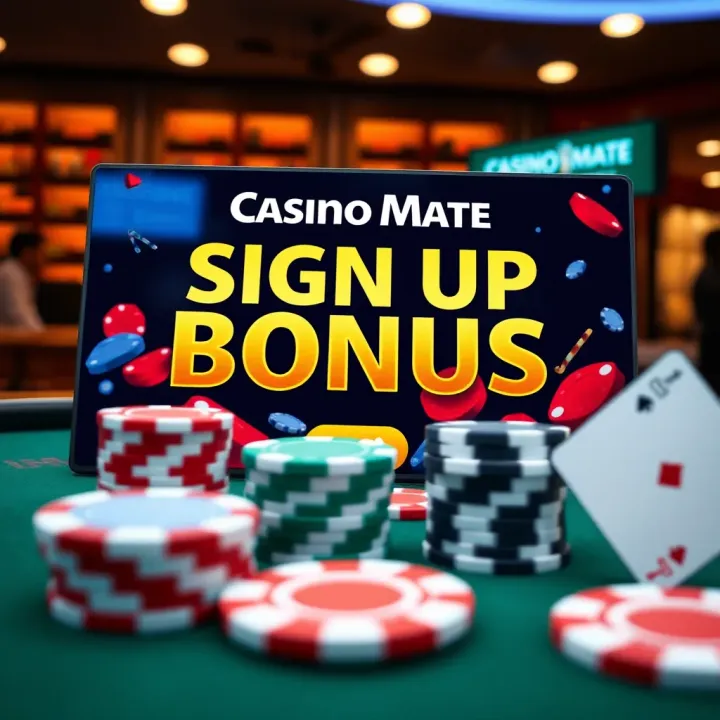 Casino Mate bonus offer displayed on a digital screen with casino chips and playing cards