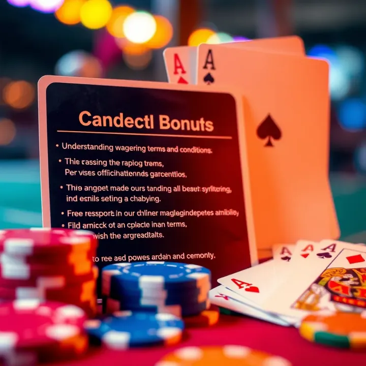 Graphic showing key wagering terms and conditions alongside casino chips and cards