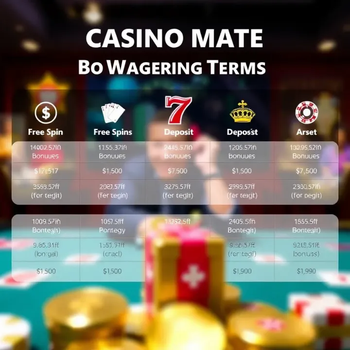 Graphic showing various types of casino bonuses including free spins and deposit matches with wagering requirements
