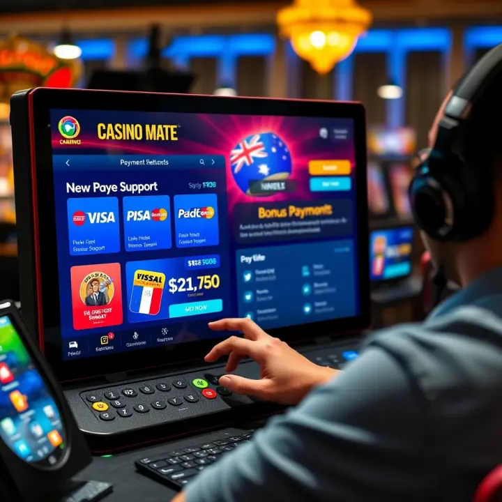 User interacting with digital payment options and bonus offers on Casino Mate platform