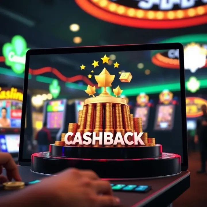 Graphic showing cashback rewards rising from an online casino platform