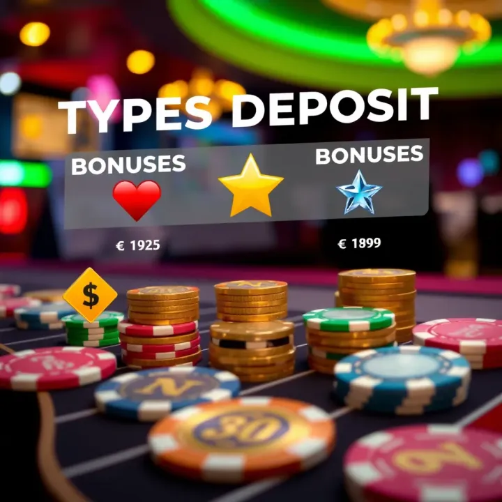 Graphic illustrating various types of online casino deposit bonuses with coins and chips