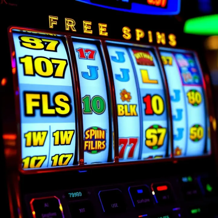 Bright slot machine reels displaying winning paylines and free spin symbols