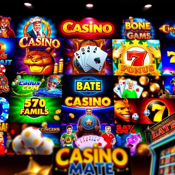 A vibrant collage showcasing various casino games featured on Casino Mate platform